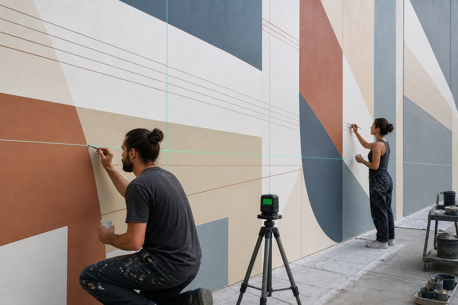 Muralistes traçant une composition précise